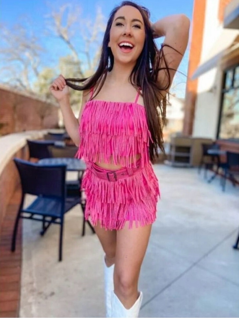 Nylon Apparel Pink rhinestone Fringe Skort Set Cropped Tank + Mini Skirt Small - Picture 2 of 14
